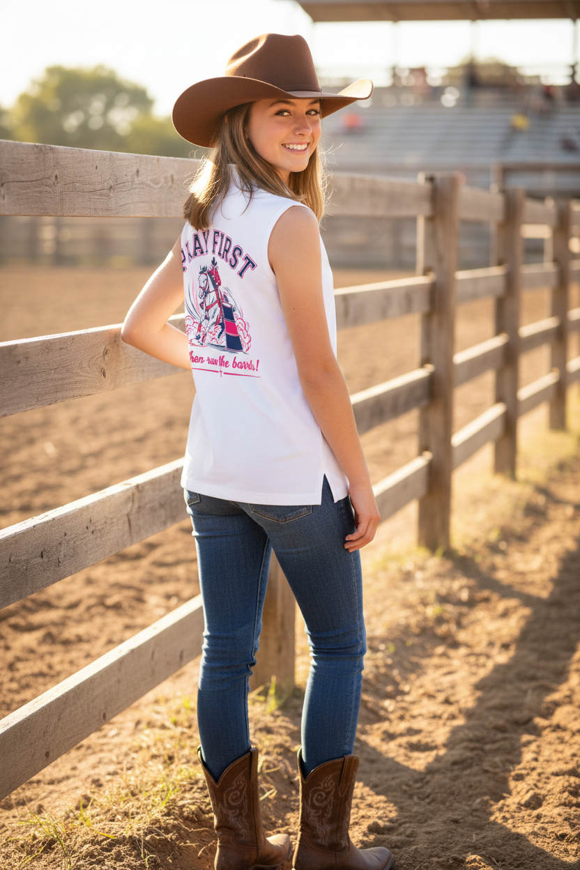 Pray First Barrel Racing Sleeveless Polo — Women's