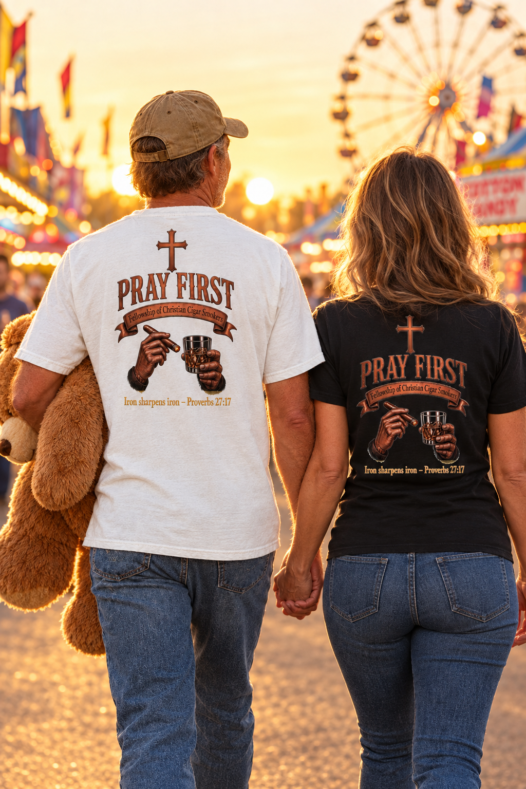 Couple at the state fair, him in White with a giant teddy bear, her in Black, holding hands, back view