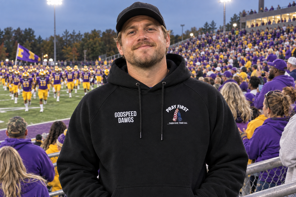 Godspeed Dawgs hoodie at a Wisconsin football game