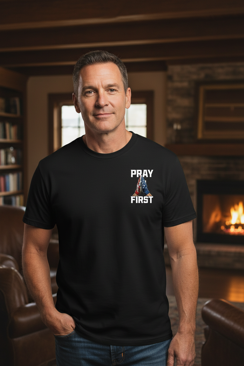 Pray First Poker T-Shirt Front Lifestyle Mockup
